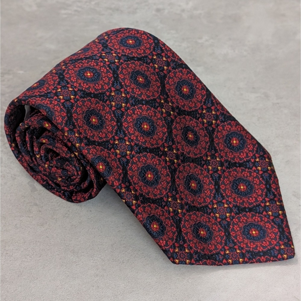 Vintage Keys & Lockwood Men's Navy Tie With Red Medallions Jacquard Print RARE